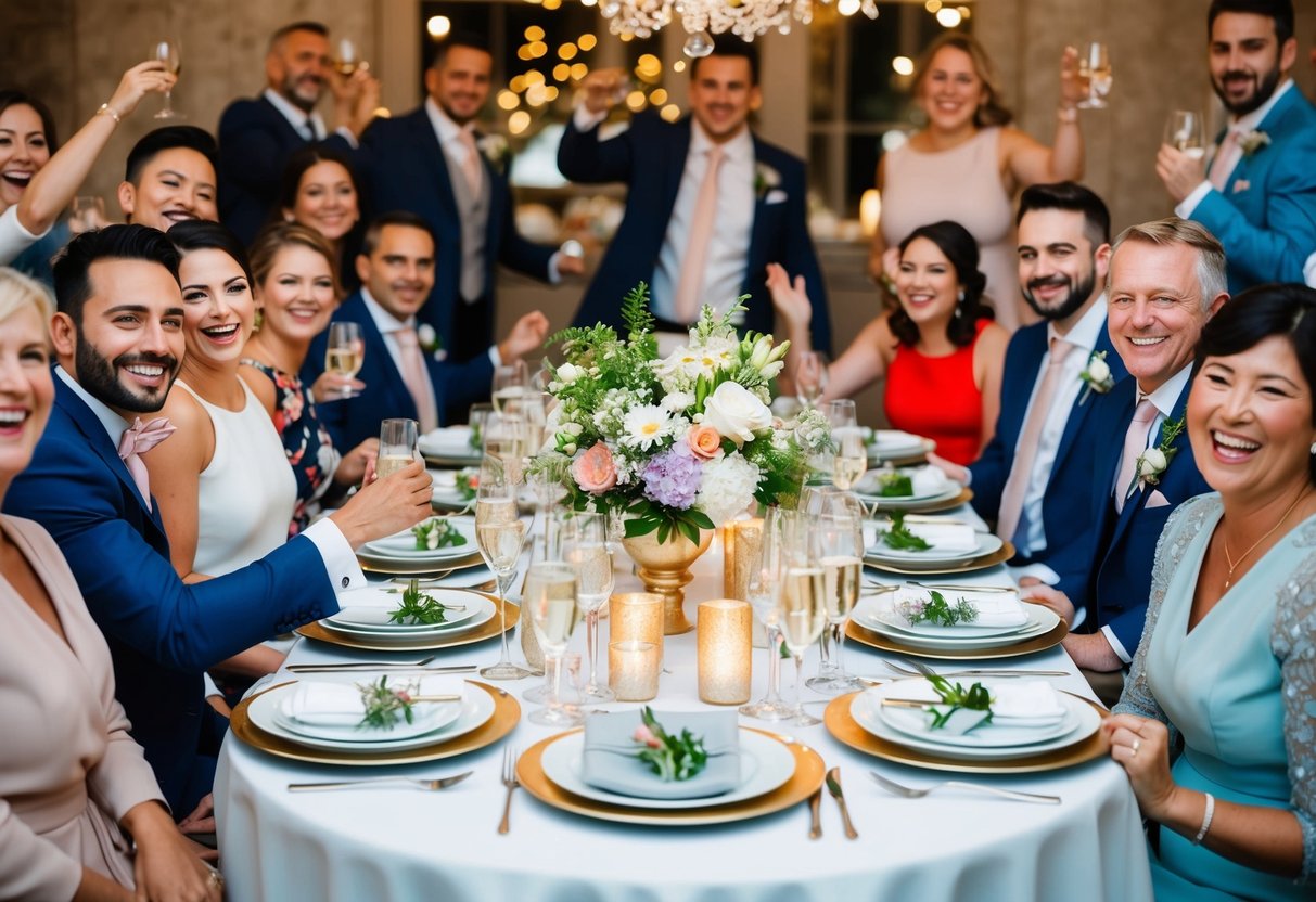 A table set with elegant dishes, sparkling glassware, and fresh flowers, surrounded by joyful guests celebrating the newlyweds