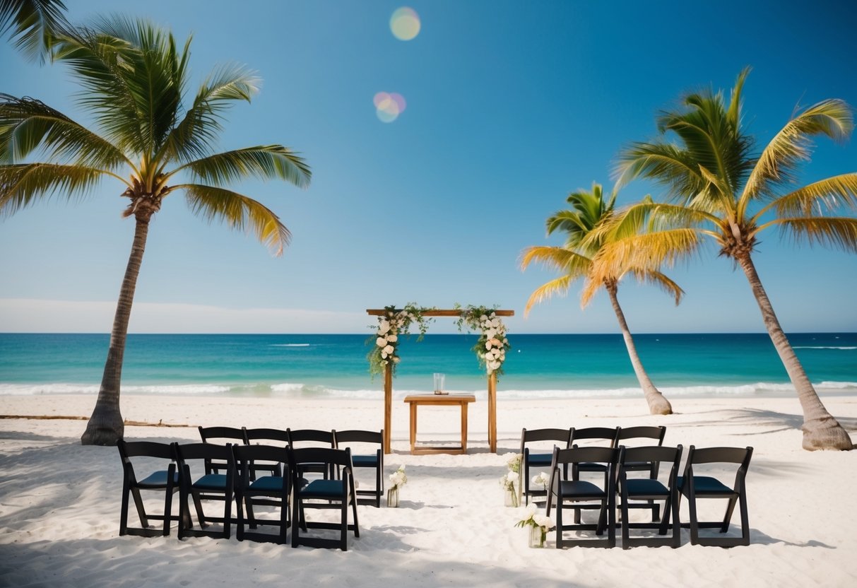 A serene beach with a simple wooden altar, surrounded by palm trees and the ocean, under a clear blue sky