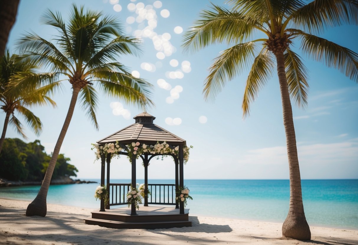 A serene beach with palm trees, clear blue water, and a small wedding gazebo adorned with flowers