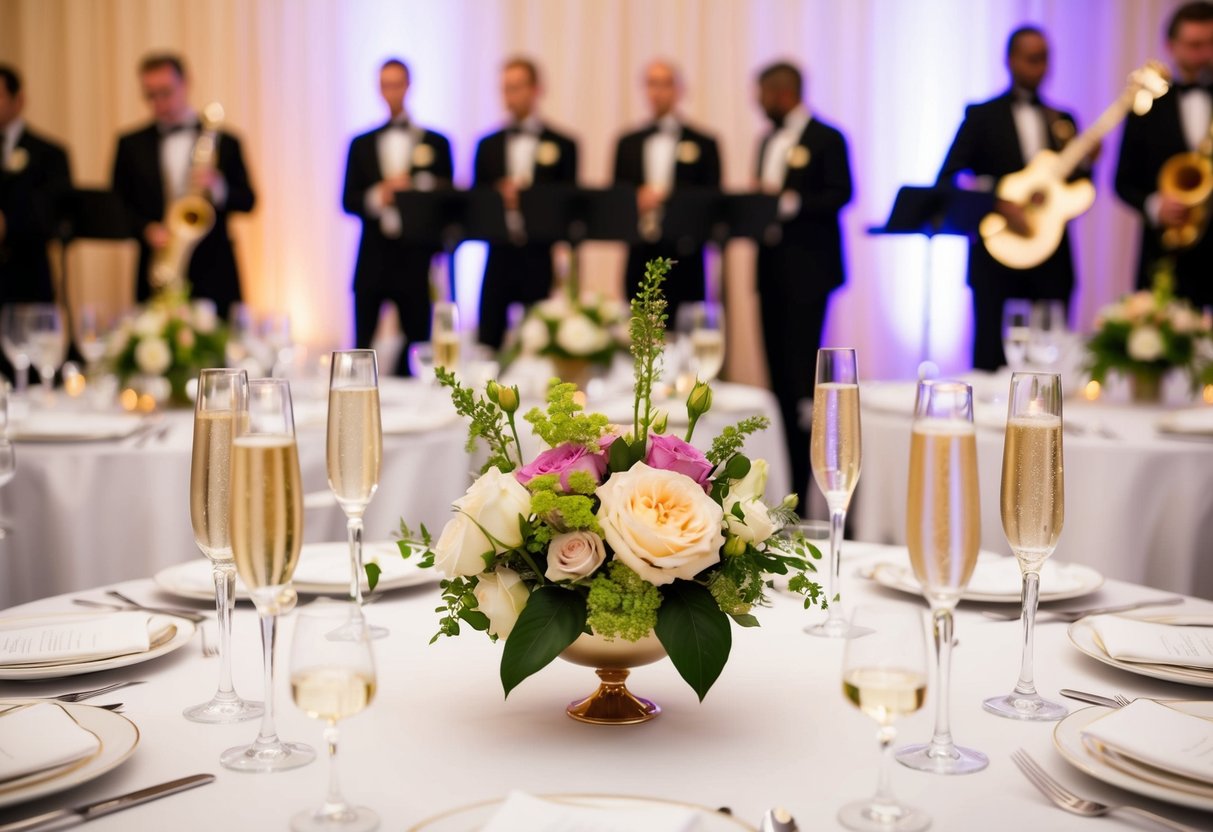 A beautifully set table with champagne flutes, floral centerpieces, and a live band playing in the background