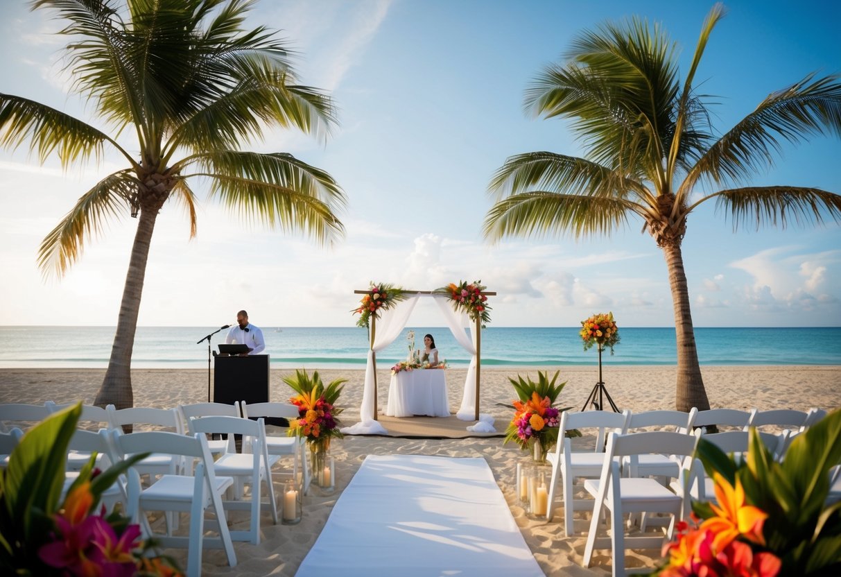 A beachside wedding ceremony with a simple arch, surrounded by palm trees and colorful tropical flowers. A small stage is set up for live music and dancing