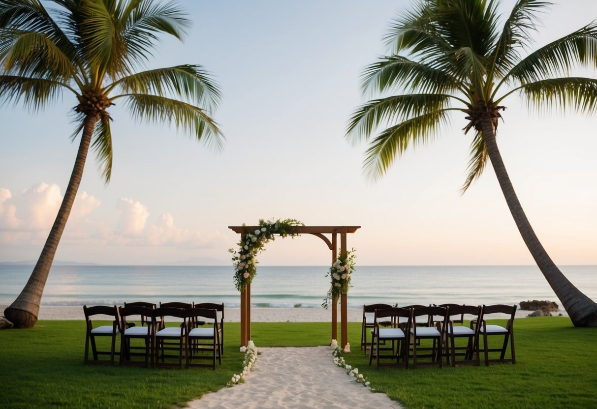 A serene beach with a simple wooden arch, surrounded by palm trees and overlooking the ocean, with a small group of chairs set up for guests