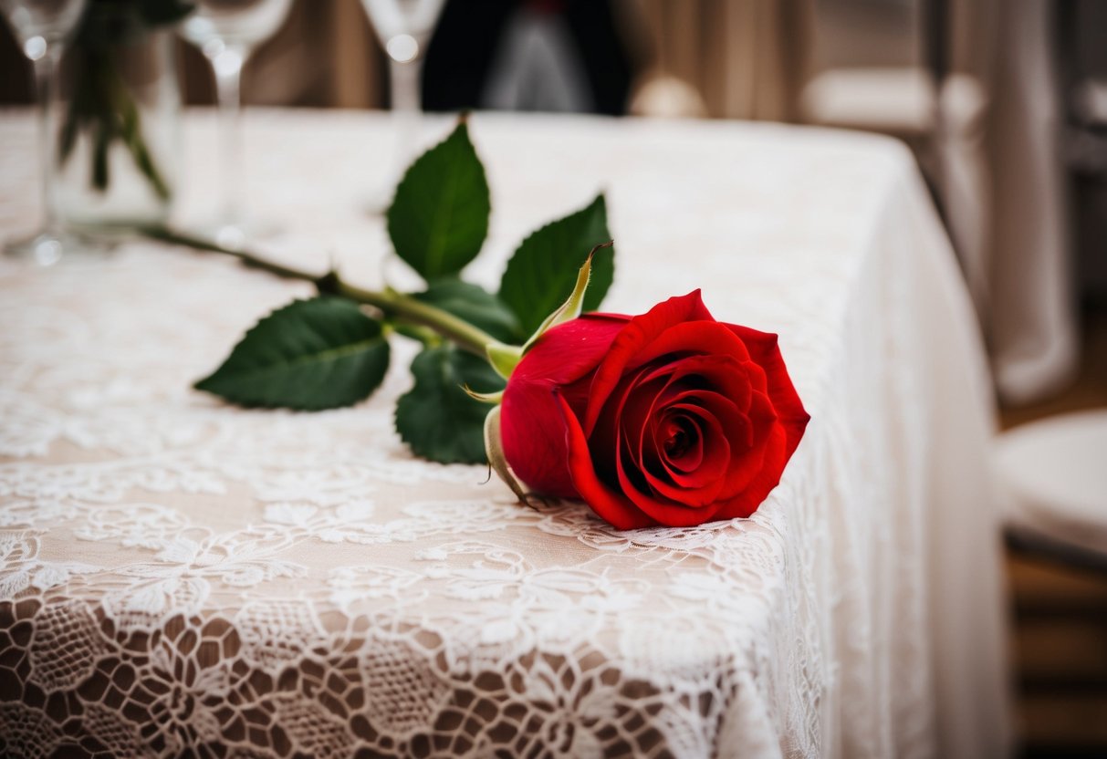 A red rose lying on a white lace tablecloth at a wedding reception