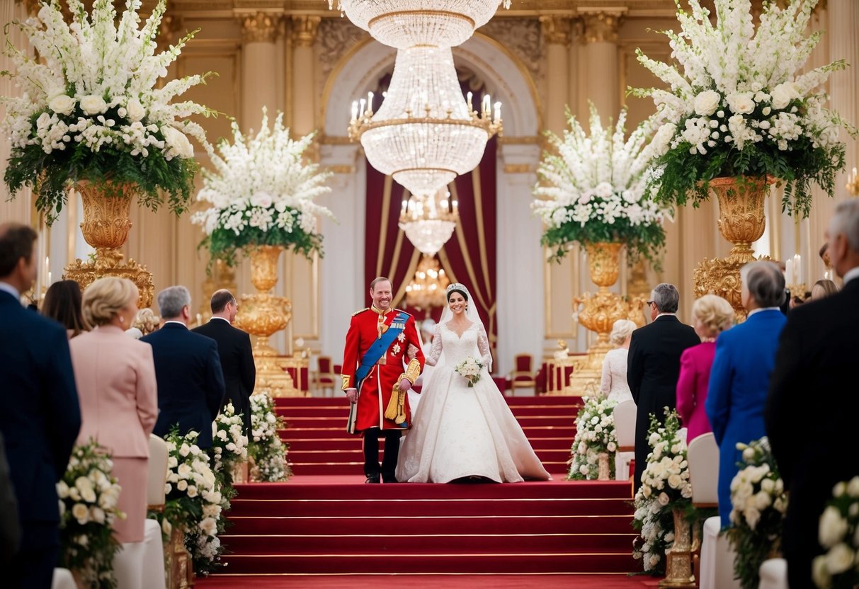 A grand royal wedding ceremony with opulent decorations, lavish floral arrangements, and extravagant attire