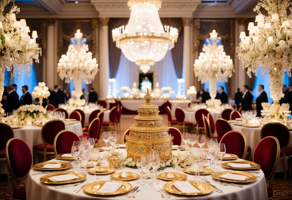 A grand royal wedding banquet with opulent decorations and extravagant displays of wealth and luxury