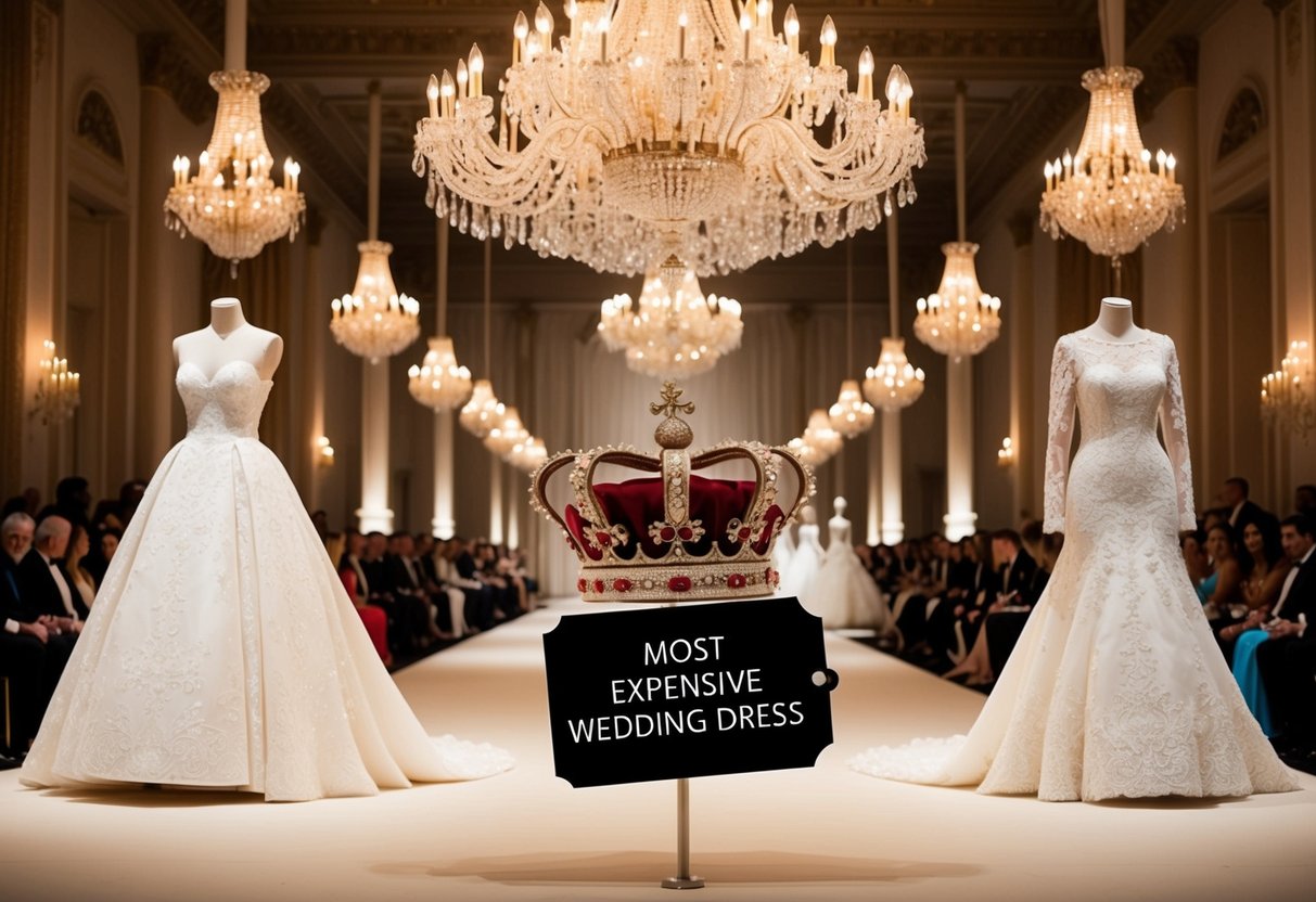 A grand ballroom with opulent chandeliers and a runway showcasing iconic wedding dresses. A regal crown and a price tag labeled "Most Expensive Wedding Dress" stand out