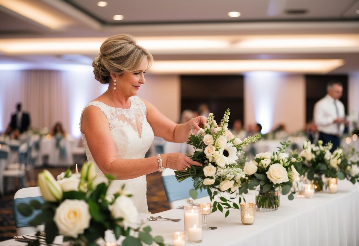 The mother of the bride arranges flowers and adjusts decorations in the reception hall on the wedding day