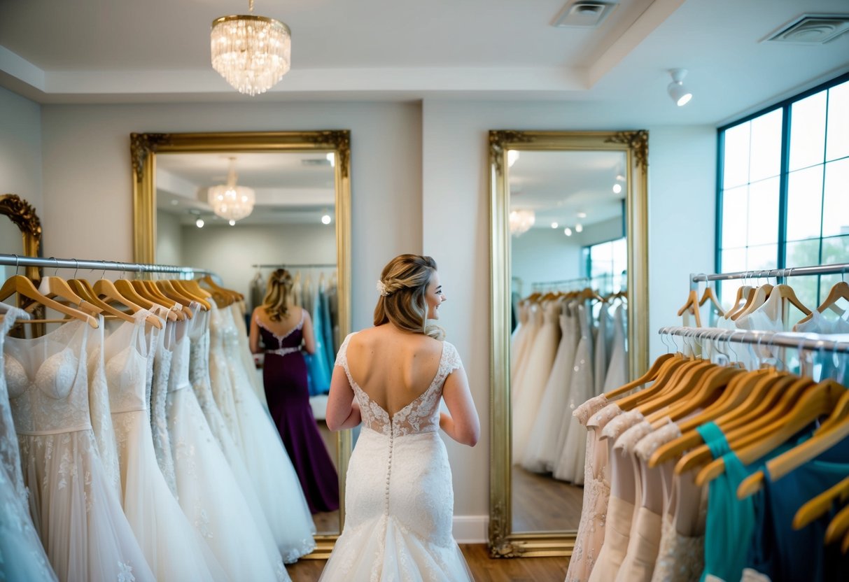 A woman browsing wedding gowns in a boutique, surrounded by racks of dresses and a large mirror