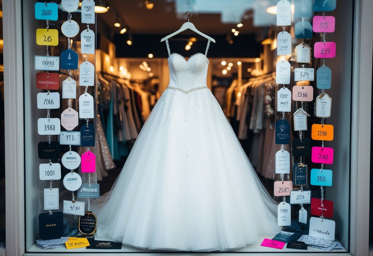 A bride dress surrounded by various price tags, styles, and fabrics, displayed in a boutique window