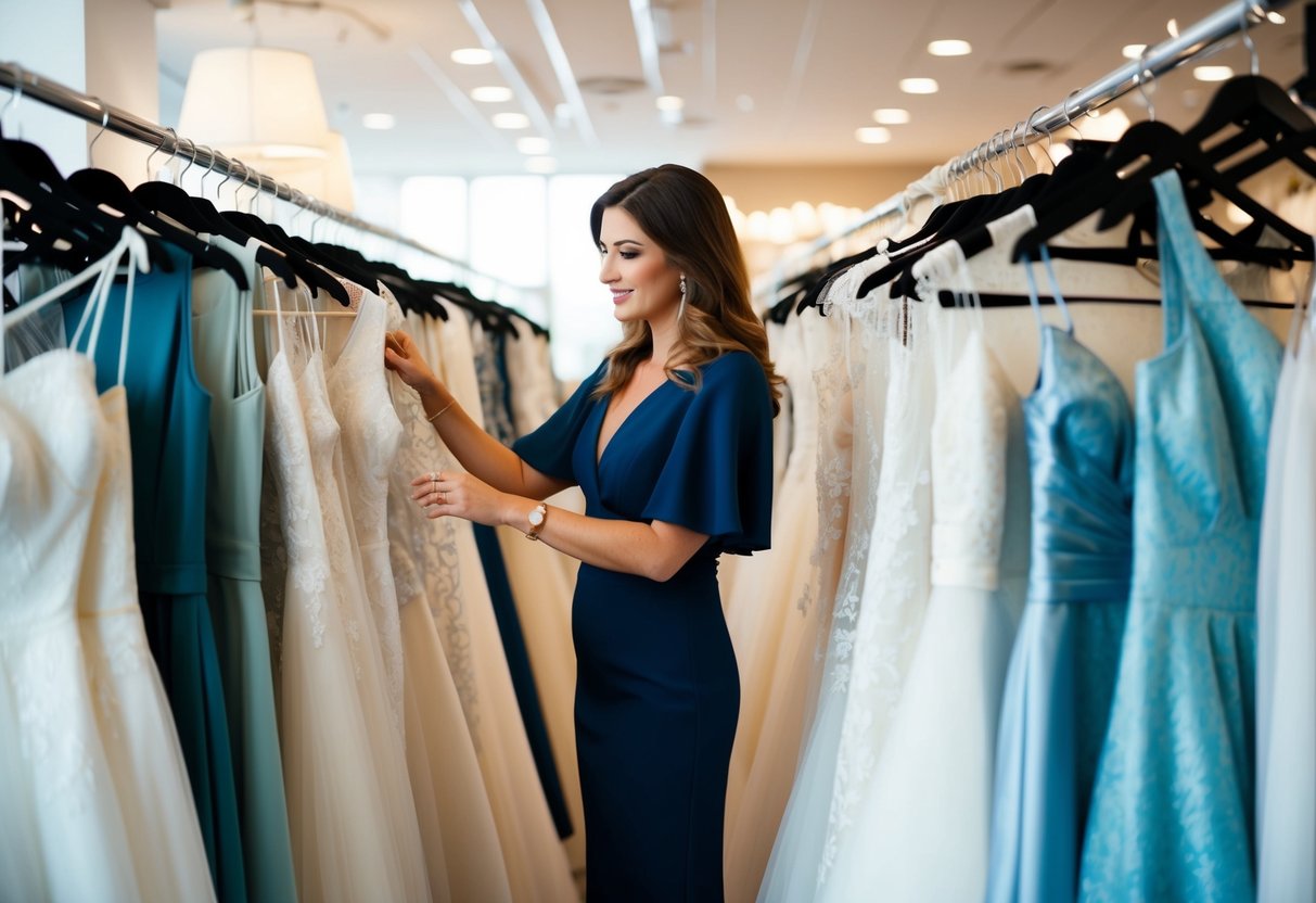 A woman browsing through racks of wedding dresses in a boutique, carefully comparing prices and styles