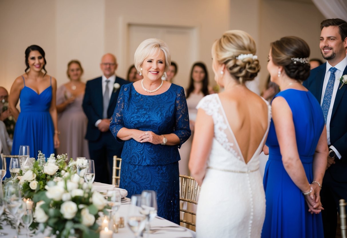 The mother of the bride oversees the reception setup and greets guests at the ceremony. She ensures everything runs smoothly and assists with any last-minute details