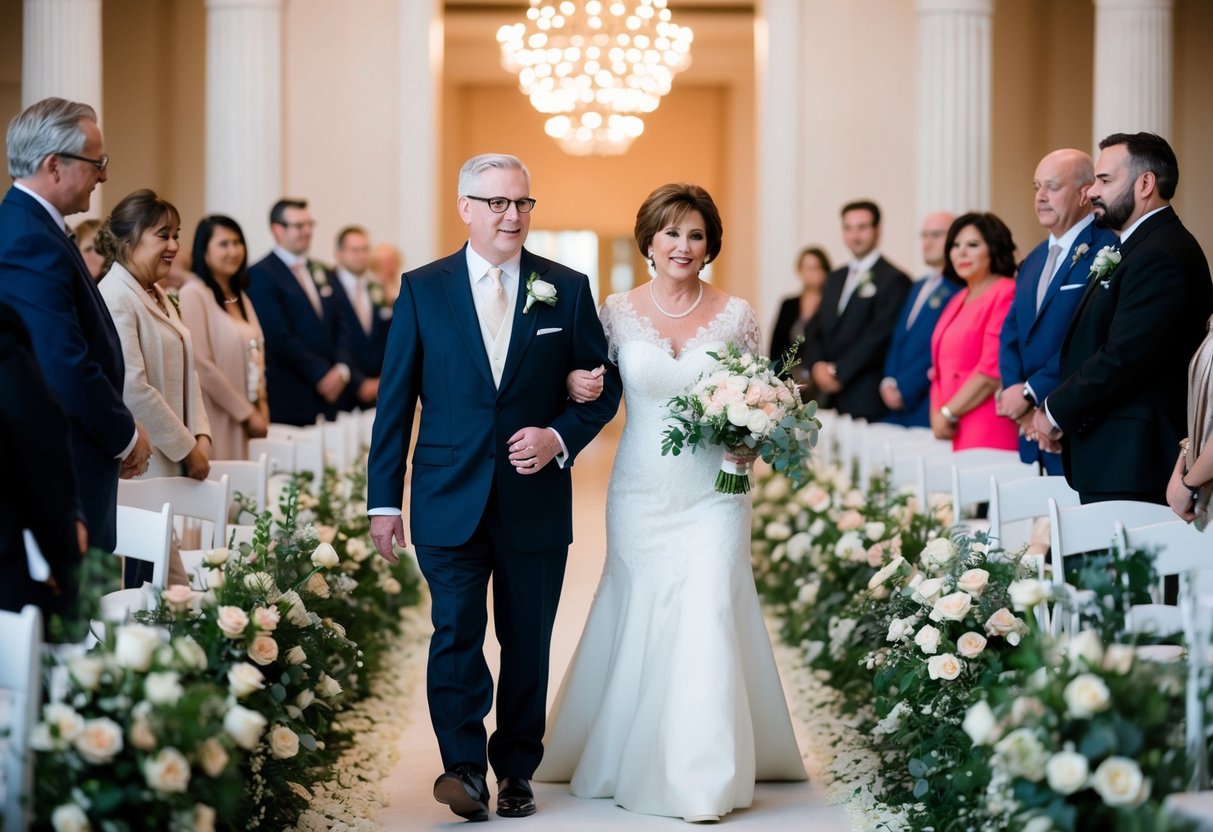 A figure in formal attire guides the mother of the bride down a flower-lined aisle