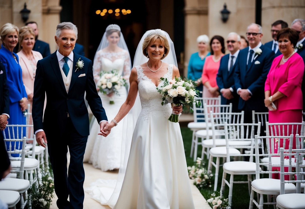 A figure leads the mother of the bride down the aisle in the processional order