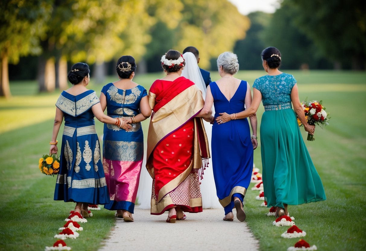 A group of women from different cultures guiding the mother of the bride down a path lined with symbolic objects