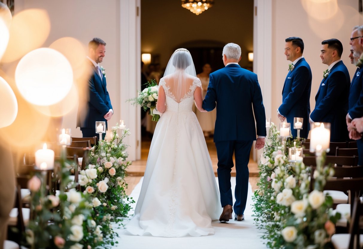A figure gently guides the mother of the bride down the aisle, surrounded by soft lighting and delicate floral arrangements