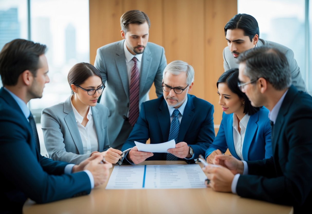 A group of figures gathered around a table, discussing and reviewing a list of names. A sense of deliberation and decision-making is evident
