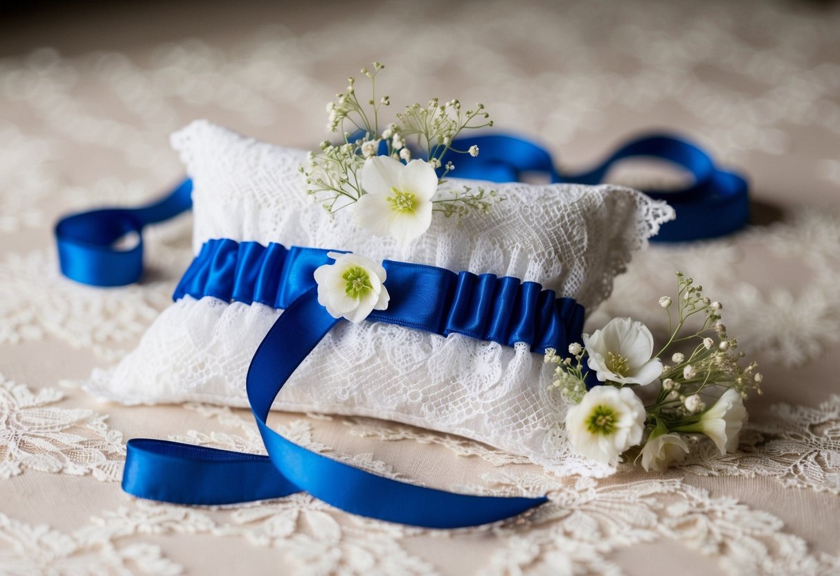 A blue garter lies on a white lace pillow, surrounded by delicate flowers and ribbons, symbolizing tradition and good luck at a wedding