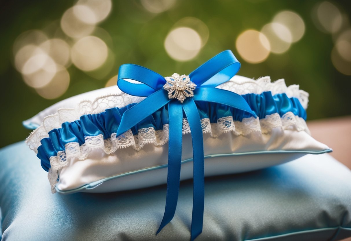 A bride's garter with blue ribbon, lace, and a delicate bow, placed on a satin pillow