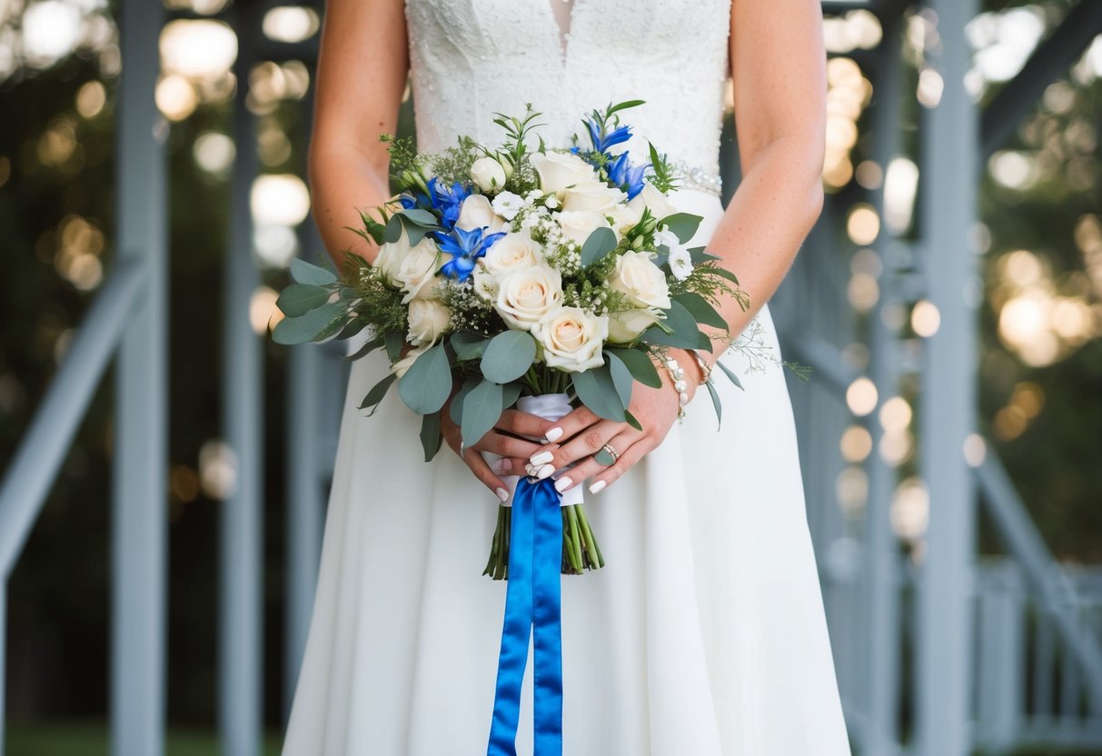 A bride's hand holding a bouquet, with a blue garter peeking out from under her dress