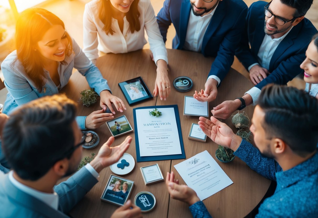 A group of people gathered around a table, engaged in a lively discussion, while a wedding invitation sits in the center, surrounded by various objects symbolizing different relationships