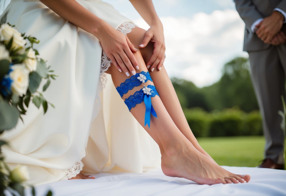A bride places a blue garter on her leg during the wedding ceremony, symbolizing purity, fidelity, and good fortune in her marriage