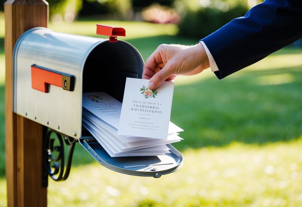 A mailbox filled with wedding announcements being dropped in