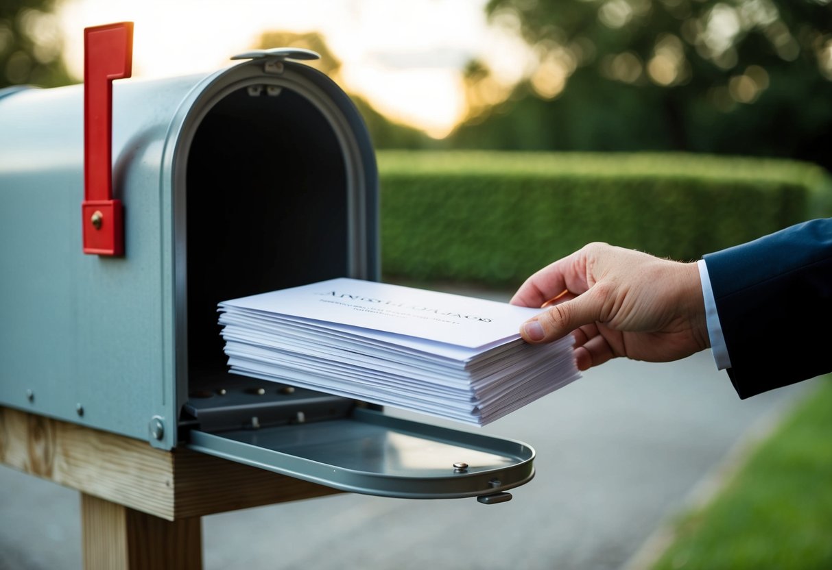 A stack of elegant wedding announcements being placed into a mailbox