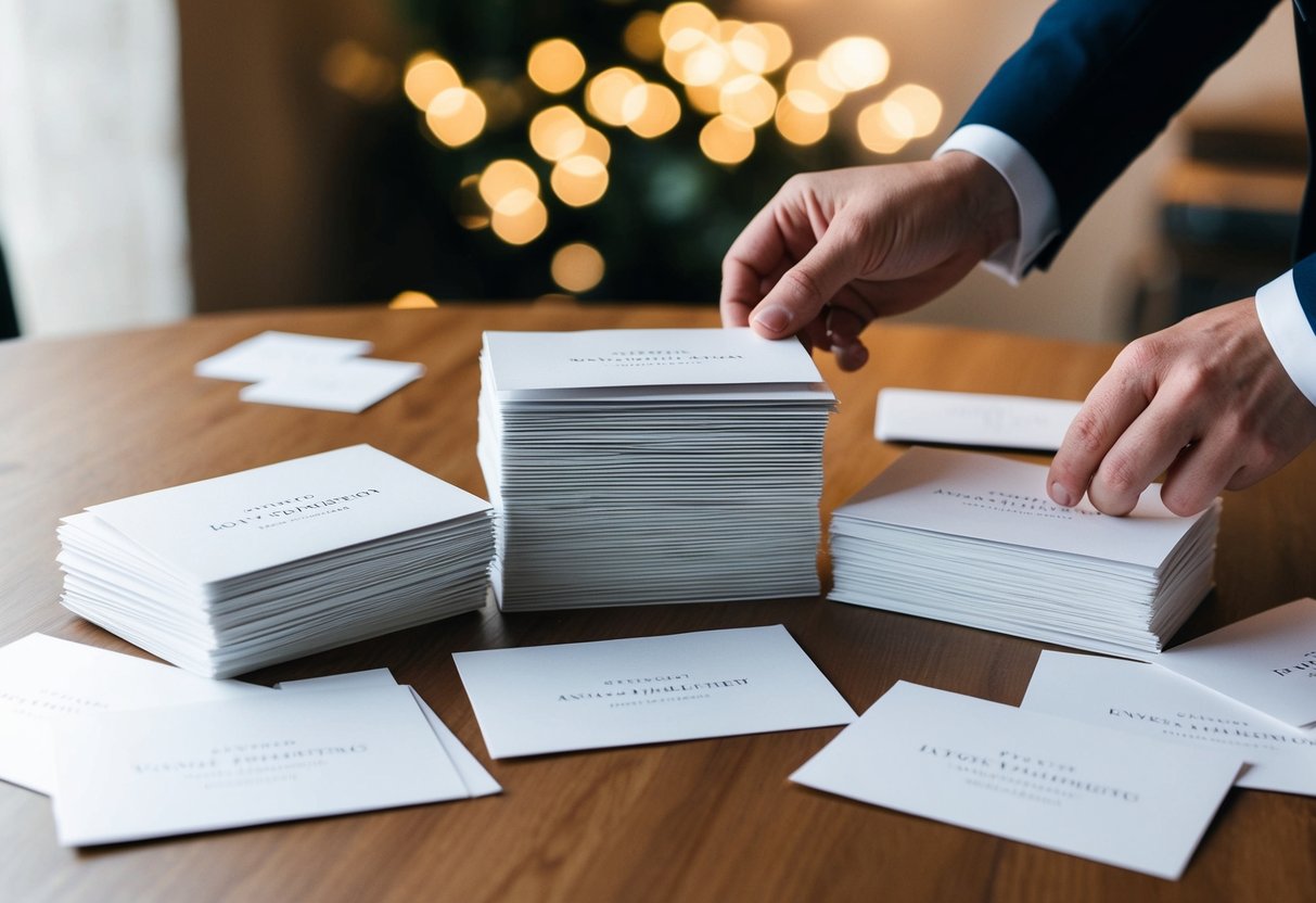A stack of elegant wedding announcement cards being sorted into piles for different recipients
