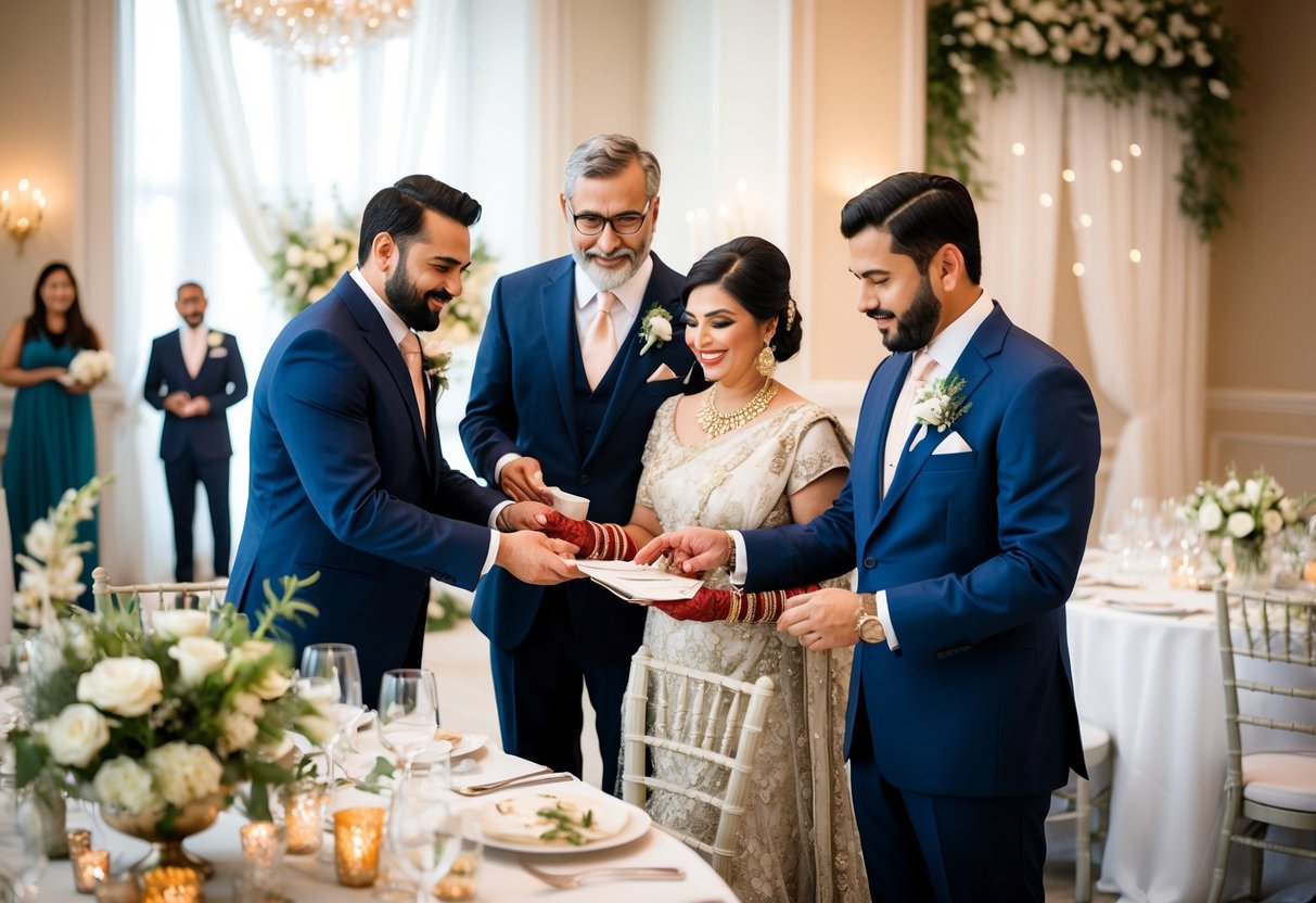 The groom's family arranging and paying for the post-wedding reception venue and catering, with a focus on elegant decor and celebratory ambiance