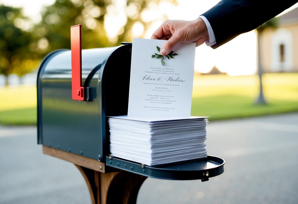 A stack of elegant wedding announcements being placed into a mailbox