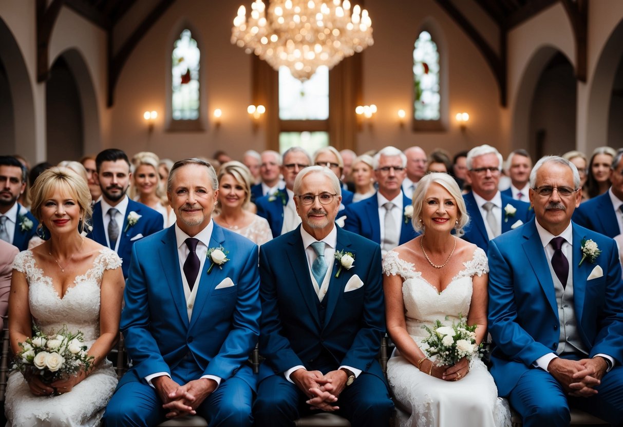 The groom's parents sit with close family and friends in the front row at the wedding ceremony