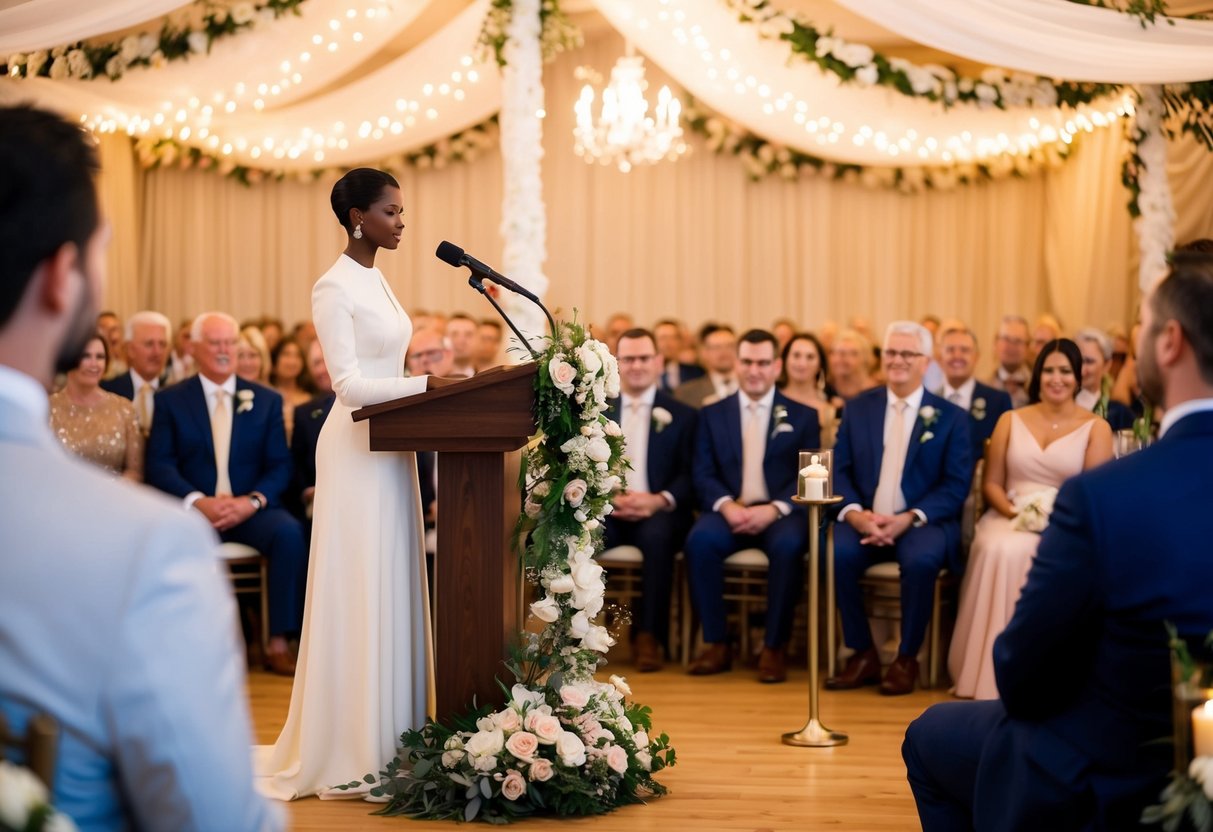 A figure stands at a podium, surrounded by flowers and candles, addressing a gathering of guests in a decorated wedding venue