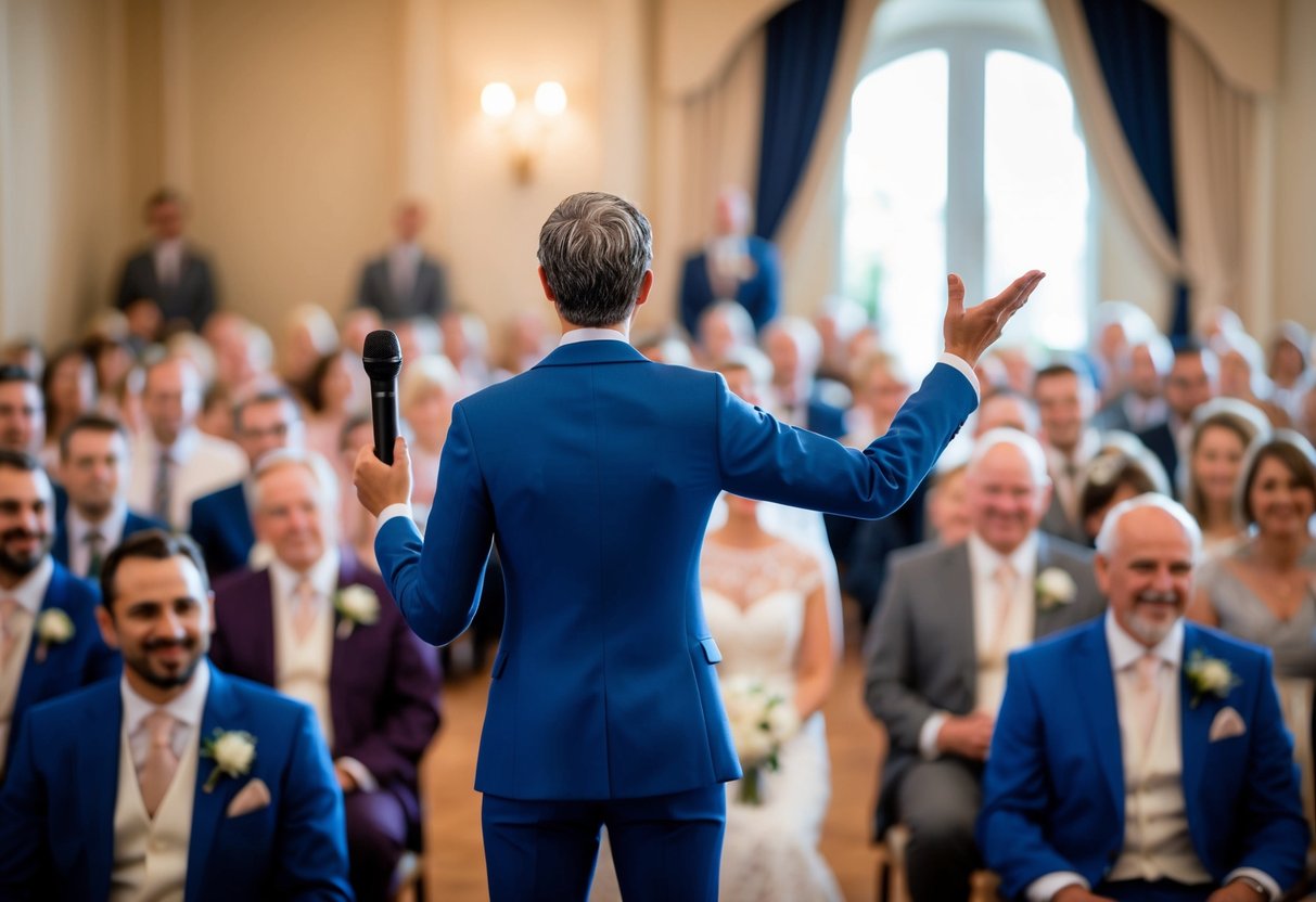 A figure stands at the front of a room, facing a crowd. They hold a microphone and gesture warmly, signaling the start of the wedding celebration
