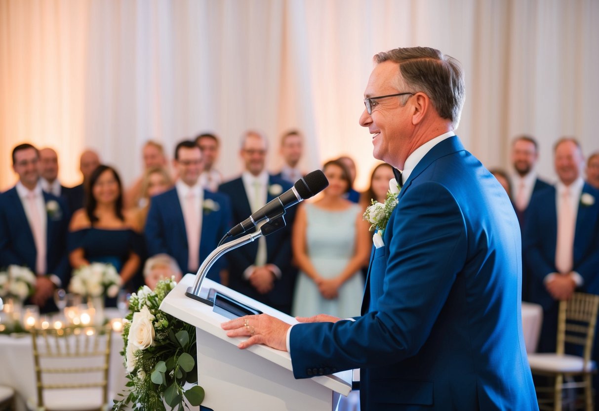 A family member stands at a podium, addressing a crowd at a wedding reception, symbolizing the official welcome