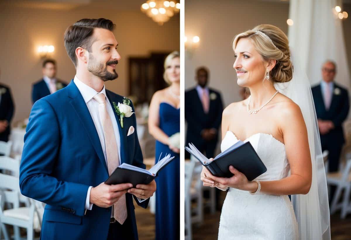 A man and woman each hold a checkbook, standing on opposite sides of a wedding venue. They both look at a wedding planner, waiting for her to speak