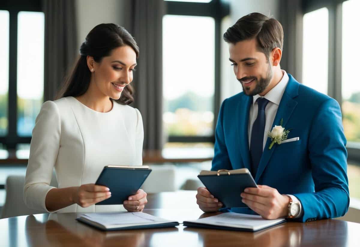 A woman and man stand on opposite sides of a table, each holding a checkbook and looking at a wedding expense spreadsheet