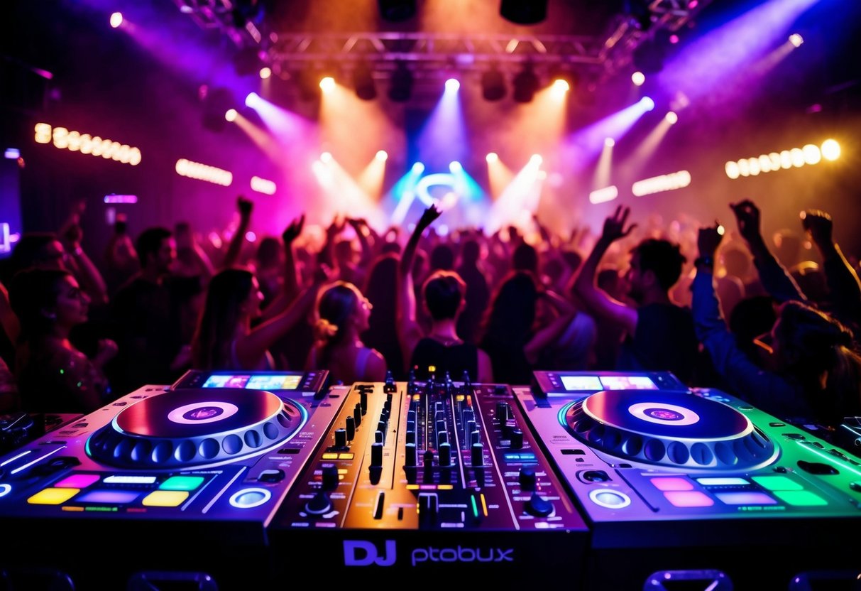 A DJ booth with colorful lights and sound equipment, surrounded by a dancing crowd