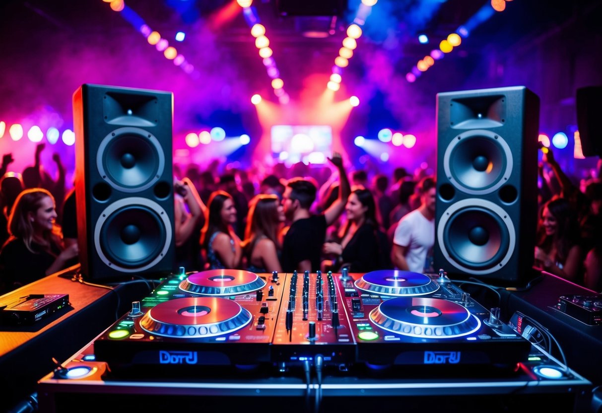 A DJ booth with turntables, speakers, and colorful lights. Crowd dancing and enjoying music