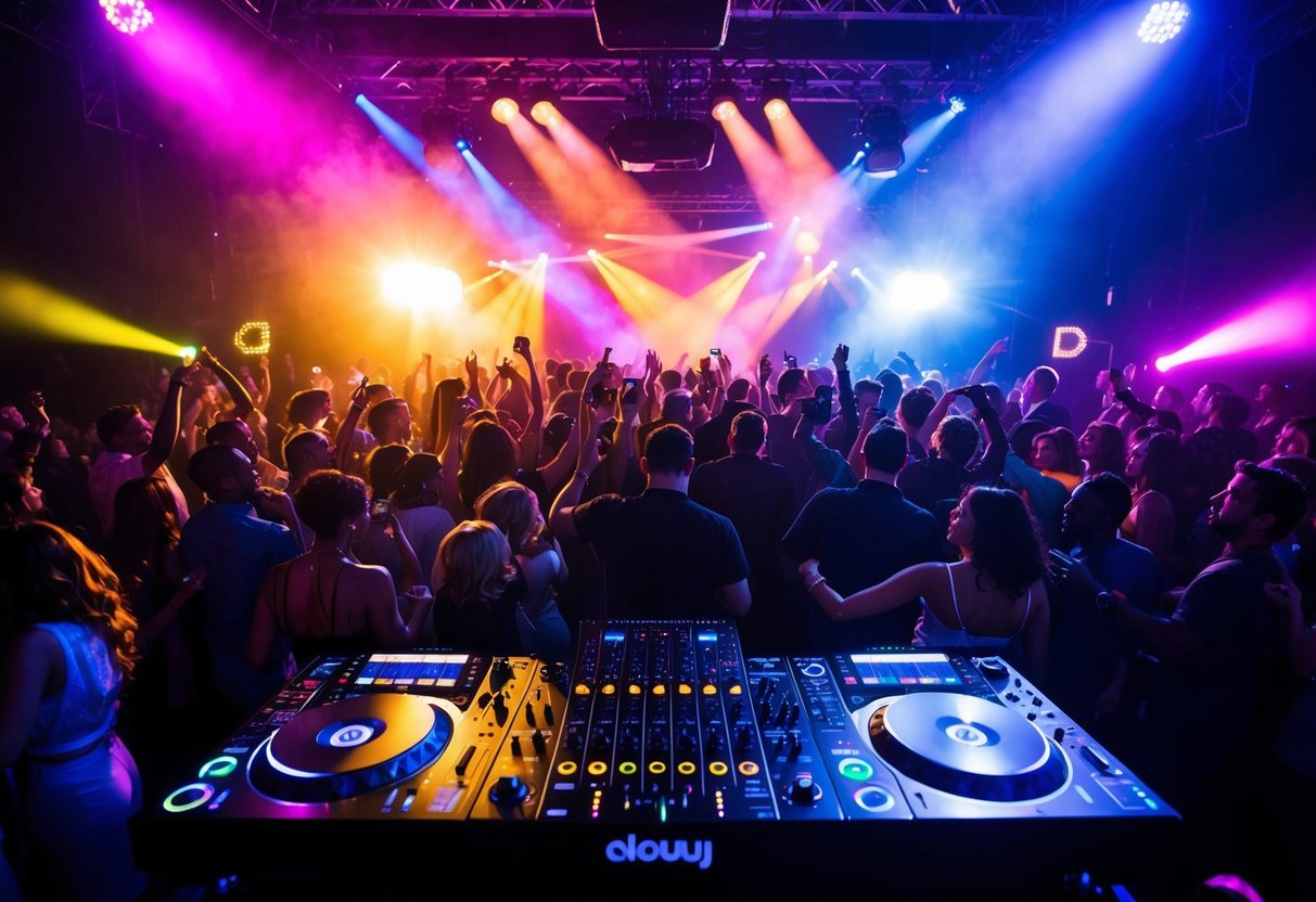A DJ booth surrounded by dancing crowd, colorful lights flashing, and music equipment set up on stage