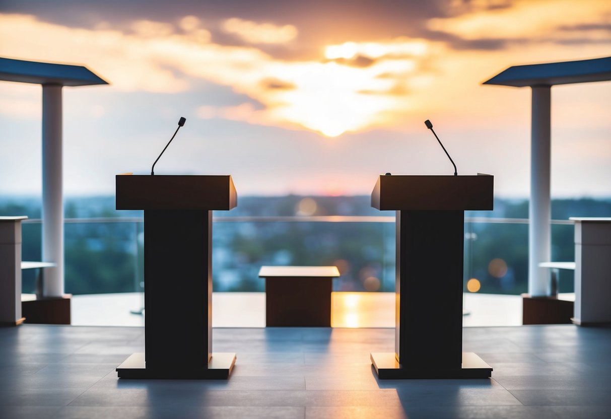 A modern ceremonial structure with two podiums, one slightly elevated, facing each other