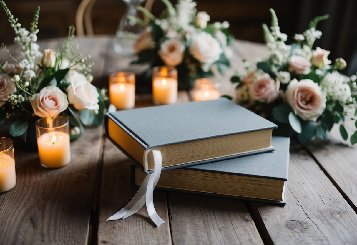 A pair of wedding vow books placed on a rustic wooden table, surrounded by delicate floral arrangements and softly glowing candles