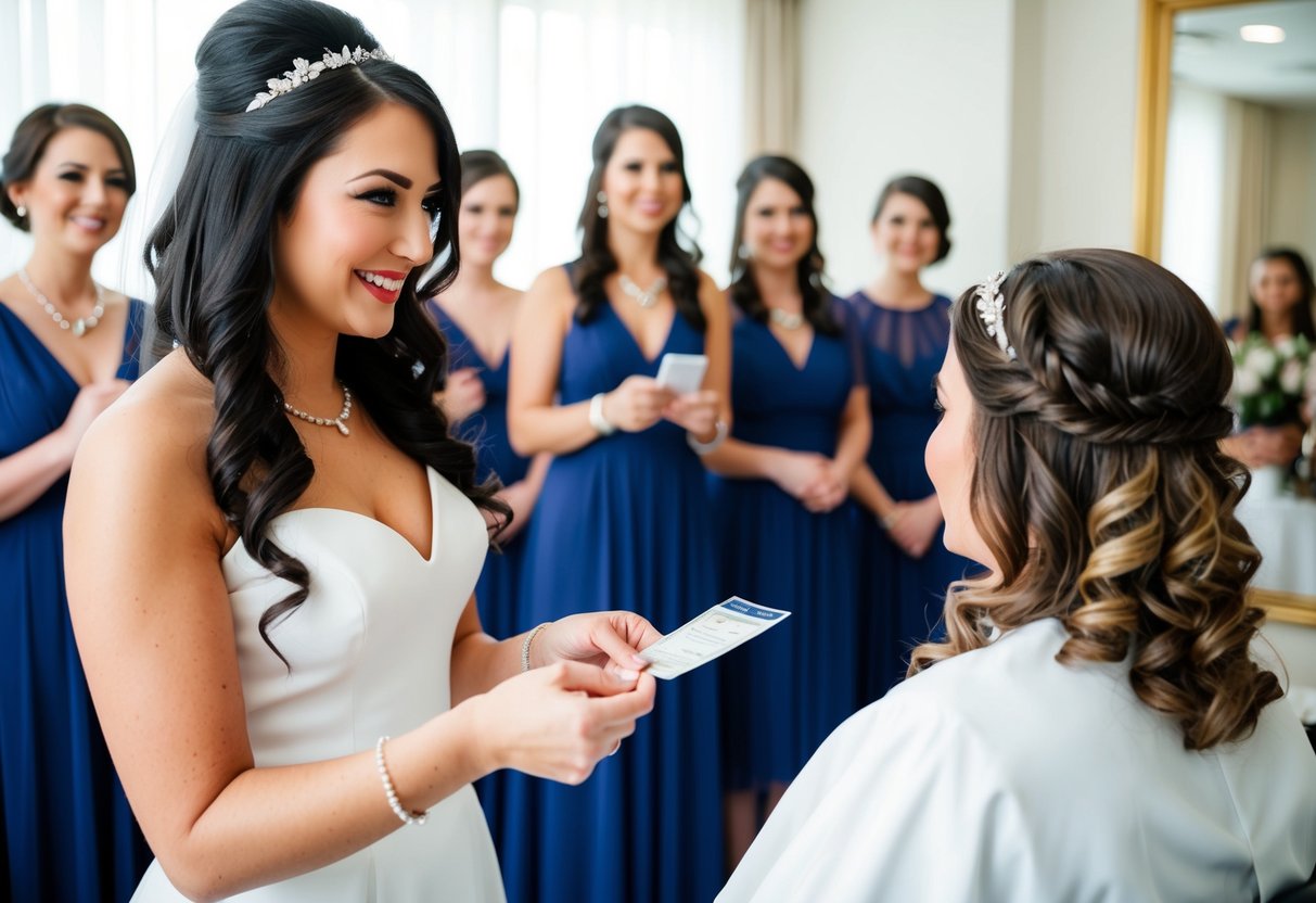 A bride hands over payment to a hairstylist while her wedding party waits in the background