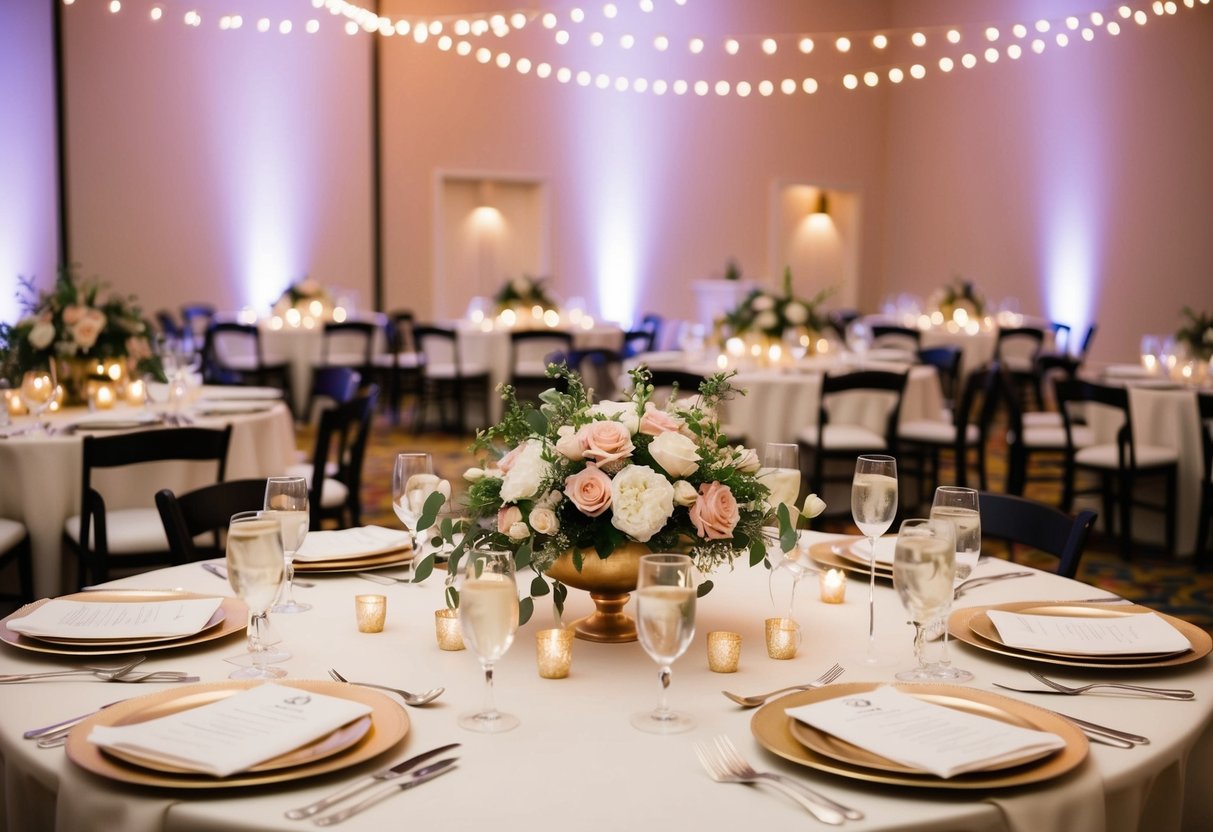 Elegant table settings with floral centerpieces and twinkling lights adorn the reception hall for a wedding celebration