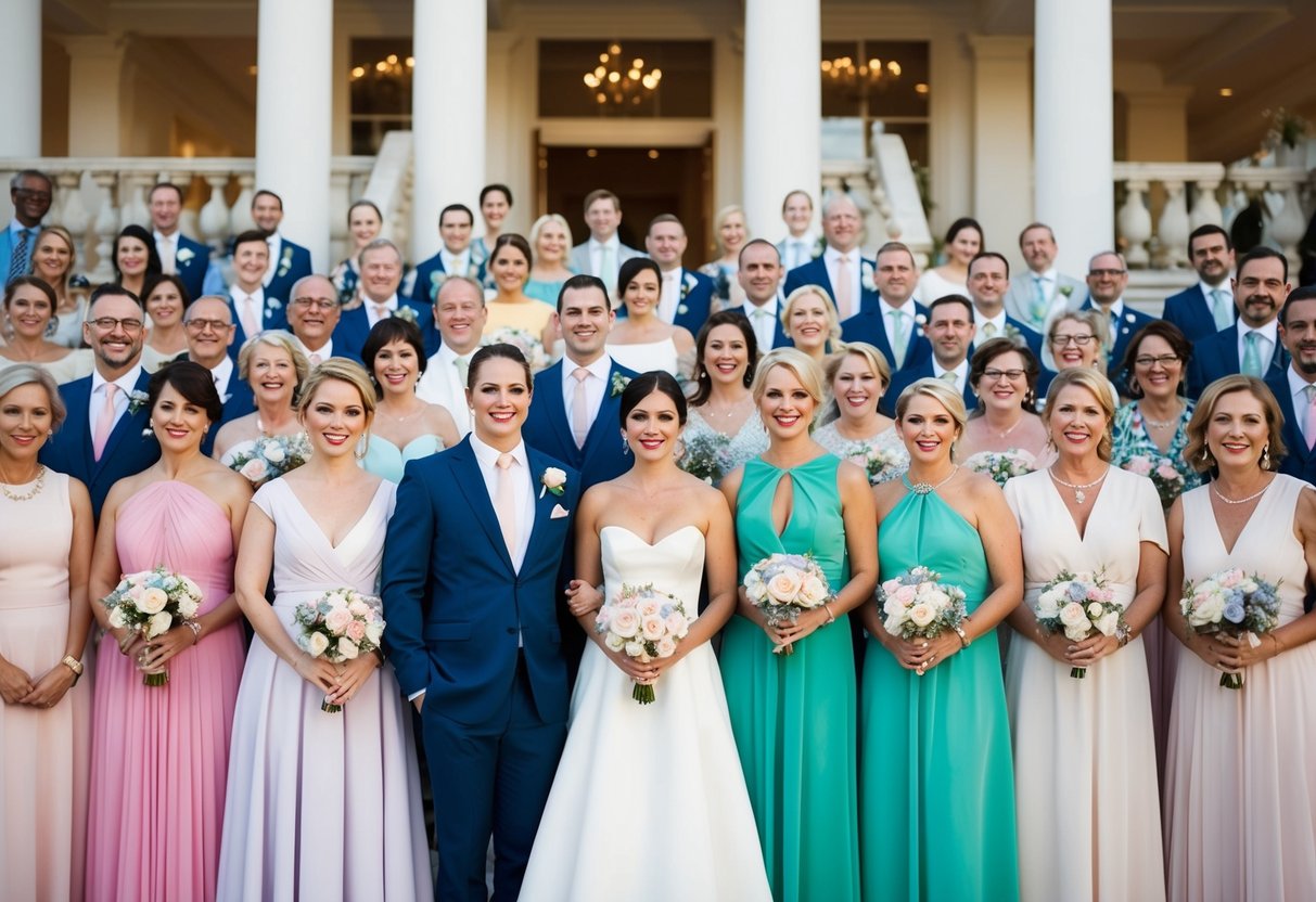 A colorful array of wedding guests in elegant attire, with a mix of pastel and jewel tones
