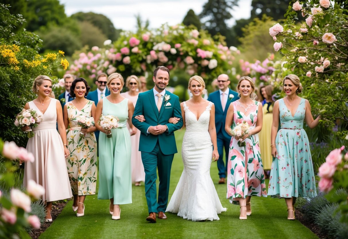 A garden wedding with guests wearing pastel colors and floral patterns, surrounded by blooming flowers and greenery