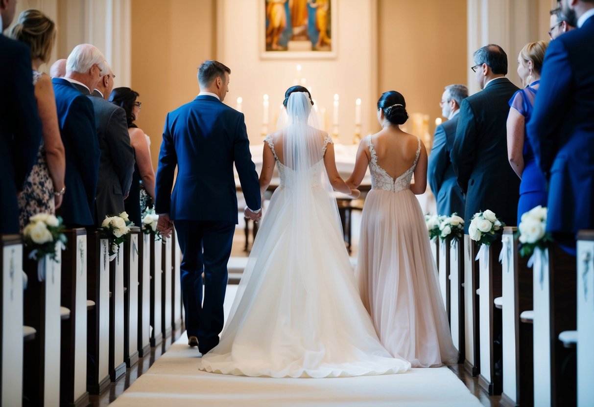 A figure stands at the start of an aisle, guiding another figure in a flowing gown towards the altar