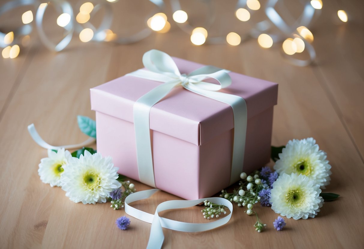 A beautifully wrapped gift box sits on a table, surrounded by delicate flowers and elegant ribbon