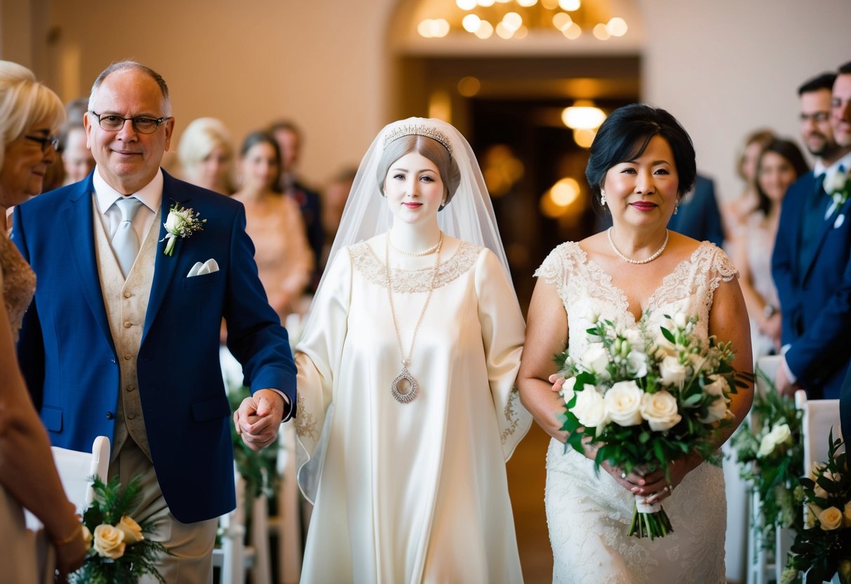 A figure representing the mother of the bride being escorted down the aisle by a family member or cultural elder