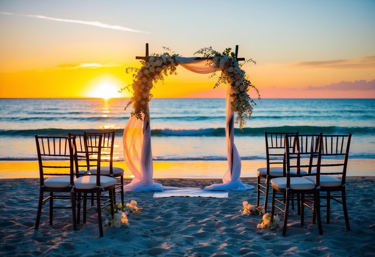 A sunny beach with a colorful sunset, empty chairs, and a wedding arch adorned with flowers and flowing fabric
