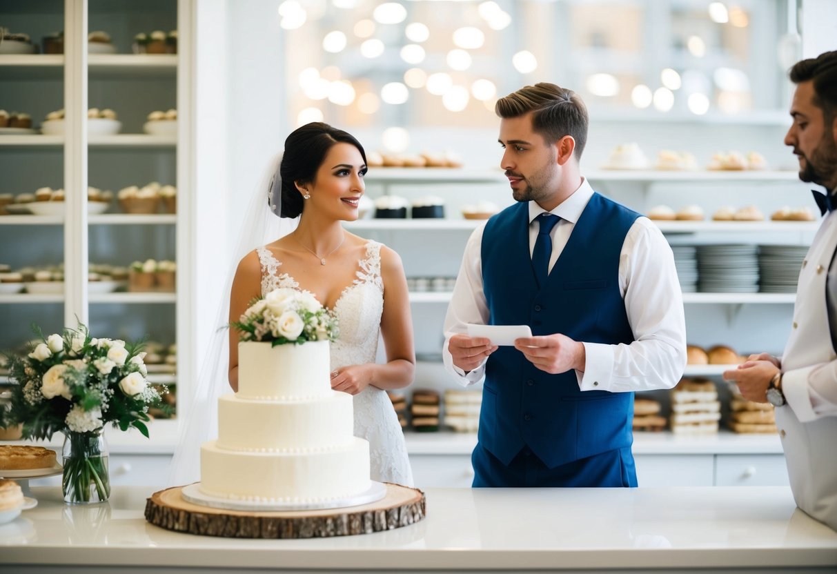A bride and groom standing at a bakery counter, discussing payment for a wedding cake with a concerned baker